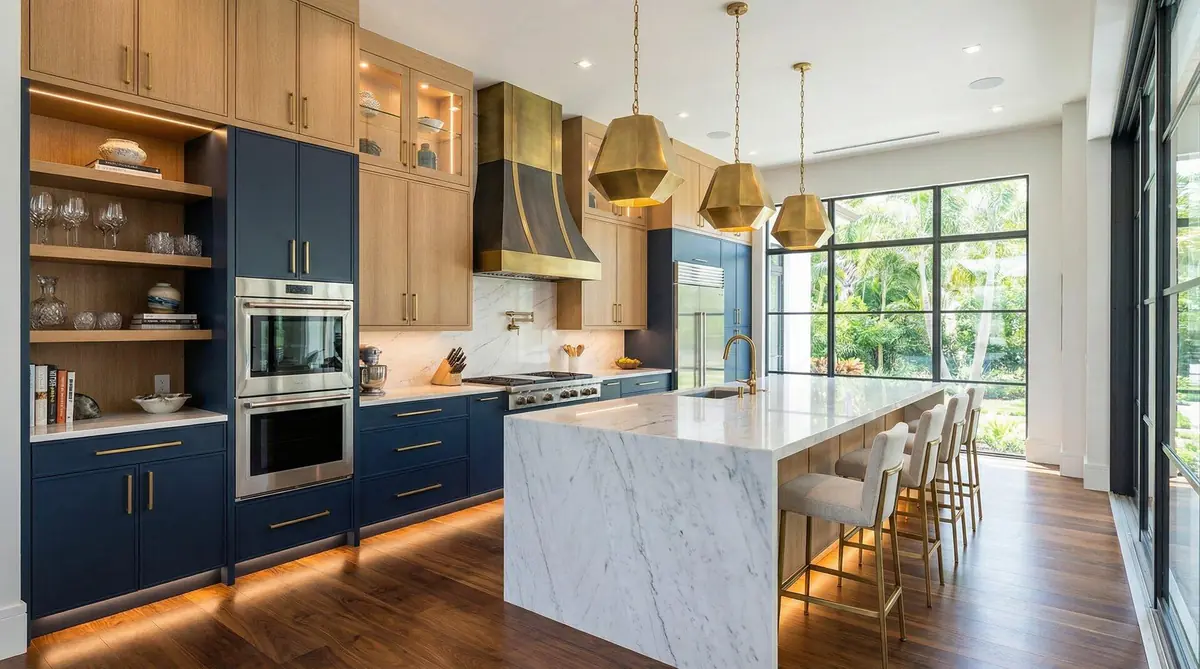 Luxury custom cabinetry services featuring modern kitchen with navy blue and natural wood cabinets