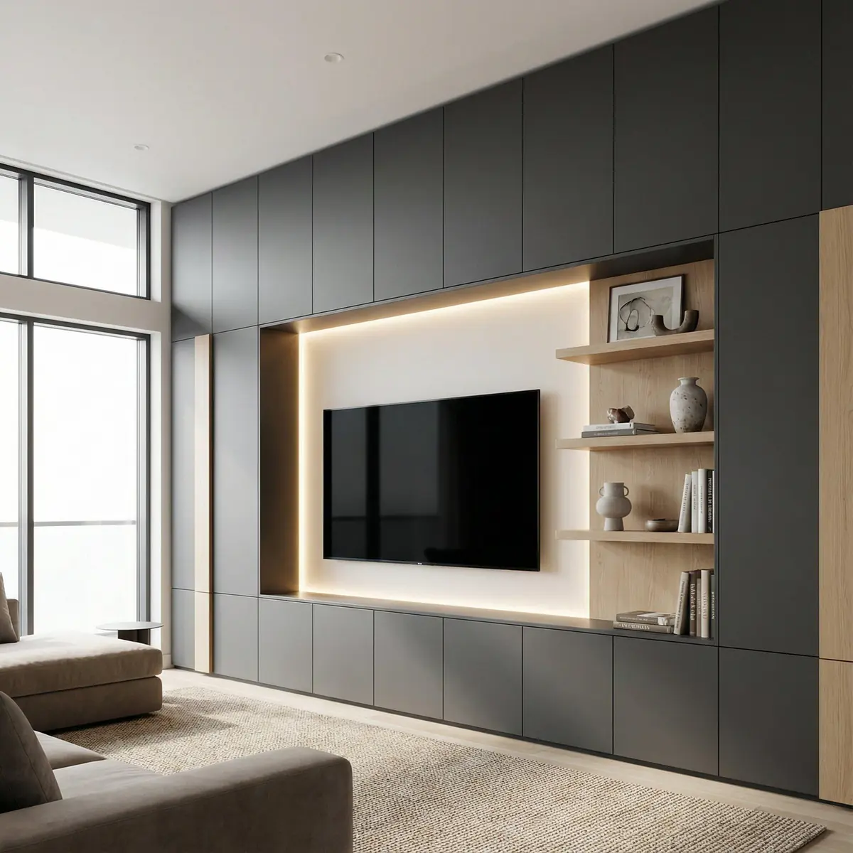 Custom entertainment center with cable management and display shelving