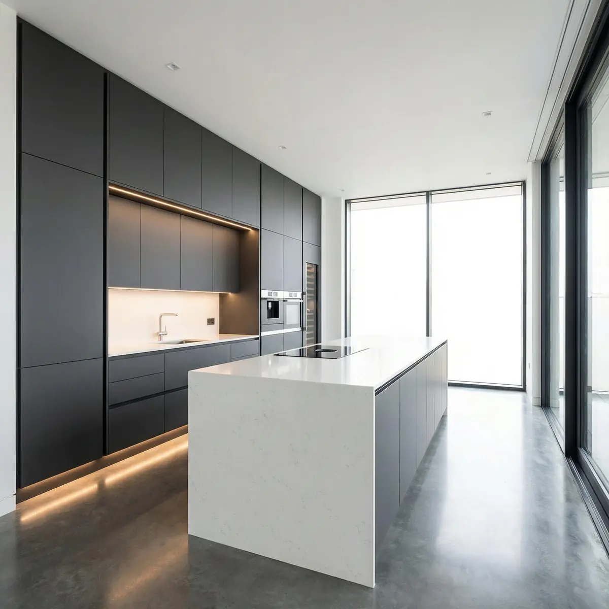 Ultra-modern high-gloss white kitchen cabinets with minimalist design