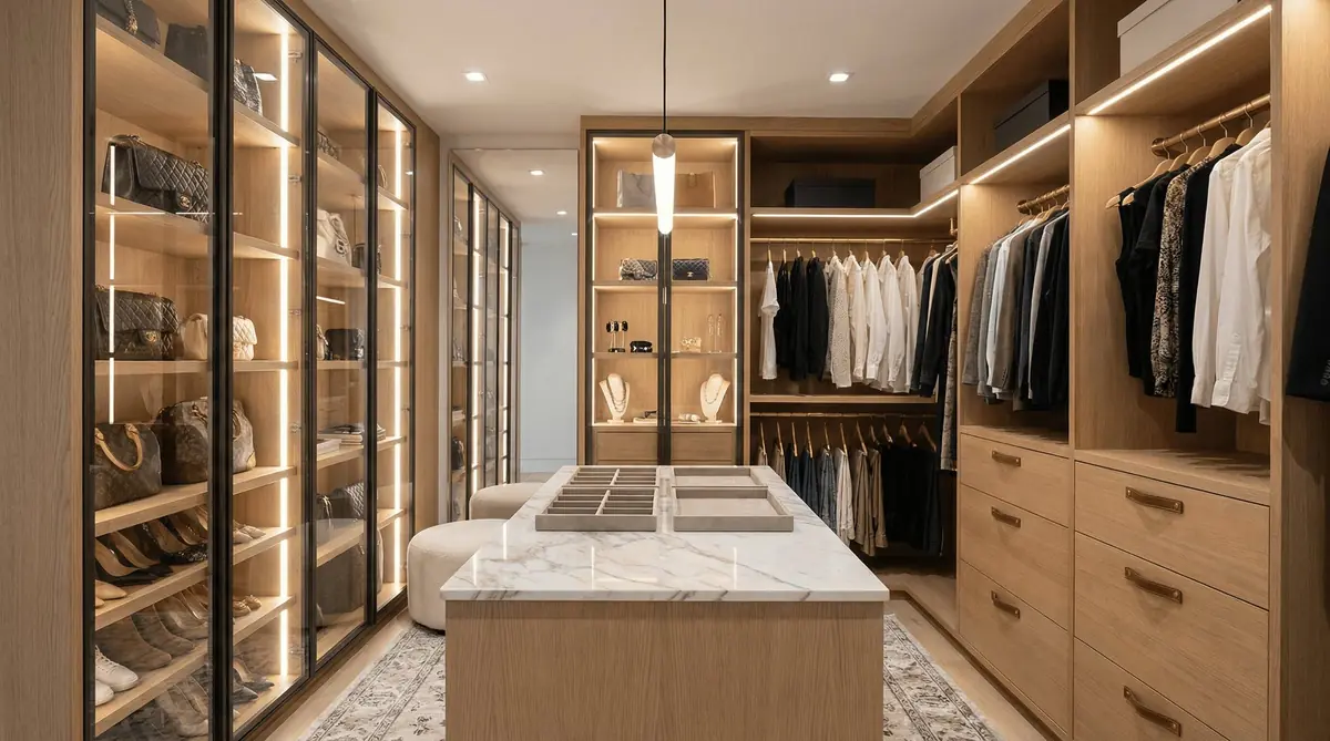 Luxury walk-in closet with custom organization