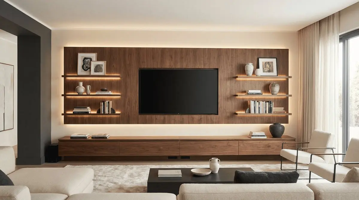 Modern living room with custom entertainment center